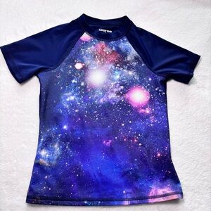 Lands’ End Girl S 7-8 Blue Short Sleeve Swim Suit Rash Guard Shirt Galaxy